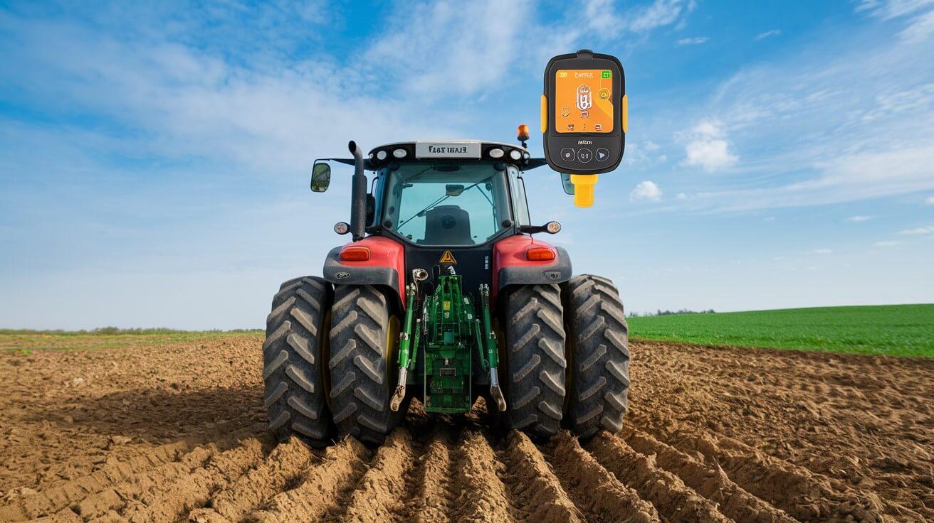 Farm equipment GPS tracking: a tractor with a GPS tracker in the field
